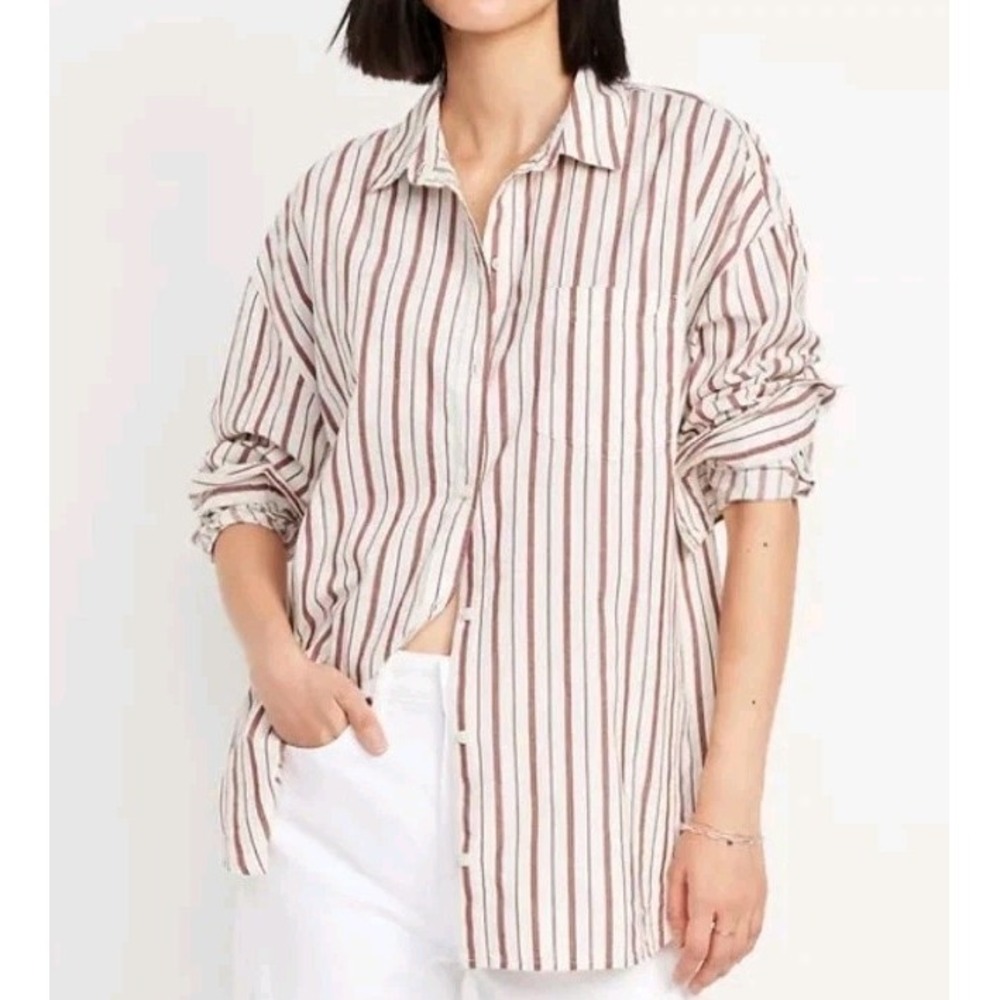 New Old Navy Boyfriend Button Up Shirt Size XL Red Stripe Oversize Preppy